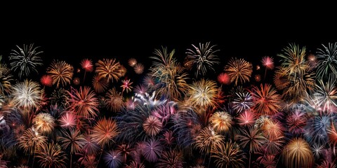 New Year, colorful fireworks on black background, panoramic view, banner design with copy space area Generative AI