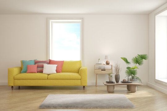 White living room with sofa. Scandinavian interior design. 3D illustration