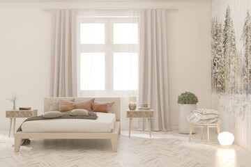 Fototapeta premium White bedroom concept. Scandinavian interior design. 3D illustration