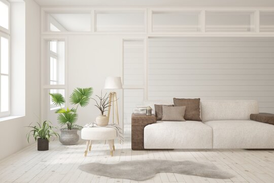 White living room with sofa. Scandinavian interior design. 3D illustration