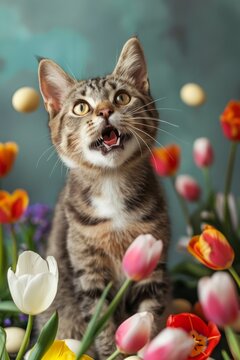 Happy Cat with few easter eggs in beautiful studio background with tulips and spring decorations created with Generative AI Technology