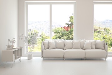 Grey living room concept with sofa and summer landscape in window. Scandinavian interior design. 3D illustration