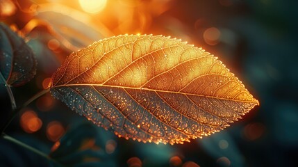 The delicate veins of a leaf, backlit by the soft glow of early morning sunshine.