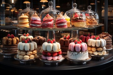 Artisanal Desserts Display: A display of artisanal desserts in a bakery or patisserie. - obrazy, fototapety, plakaty