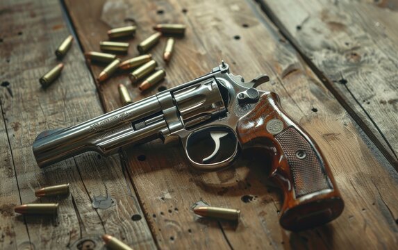 A vintage revolver surrounded by bullets on a rustic wooden surface, suggestive of a bygone era.