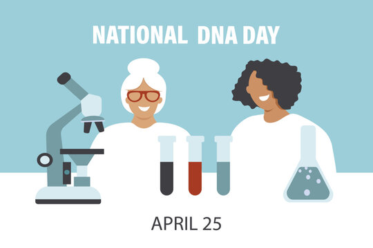 National DNA Day. April 25. A laboratory technician examines human DNA.Template for background, banner, card, poster. vector illustration.