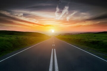 Blurry road at sunset symbolizes the journey in travel concept