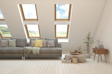 White attic living room with sofa. Scandinavian interior design. 3D illustration