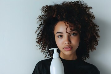 Young girl with curly hair holding a bottle of shampoo for beauty product promotion: Close-up shot. Concept Beauty Product Promotion, Curly Hair, Close-up Shot, Young Girl, Shampoo Bottle - obrazy, fototapety, plakaty