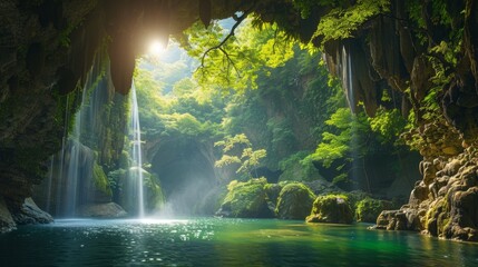 Legend: According to legend, a magical portal hidden within a waterfall - obrazy, fototapety, plakaty