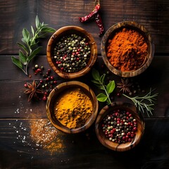 Colorful spices in bowls on a wooden table, top view, food photography, colorful pepper, rosemary, basil, sweet paprika, curcuma 