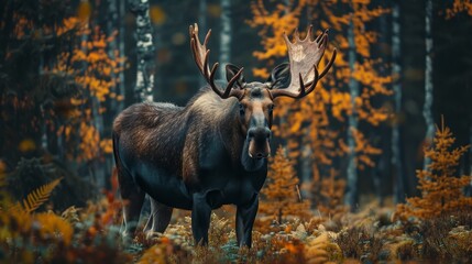 Majestic moose observes surroundings in dense Canadian woods