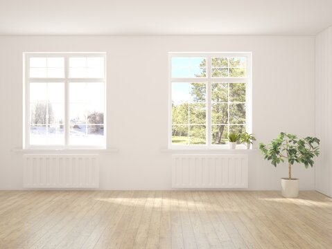 White empty room concept with summer and winter landscape in window. Scandinavian interior design. 3D illustration