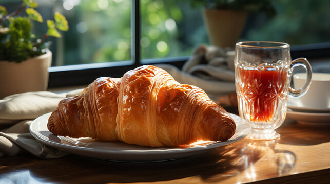Croissant and cup of coffee on the table in moderm kitchen, window on background.