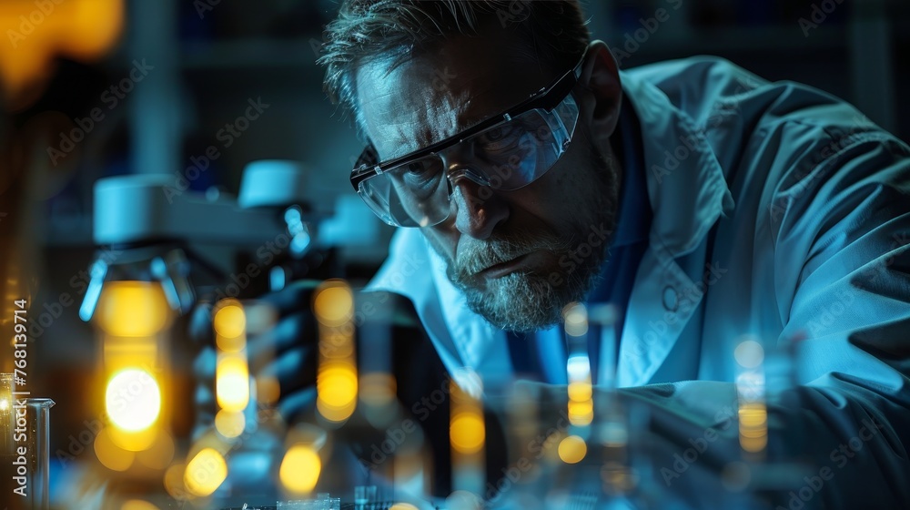 Poster Research: A scientist conducting experiments in a lab