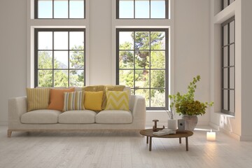 Fototapeta premium White living room with sofa. Scandinavian interior design. 3D illustration
