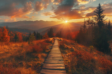Panoramic autumn landscape with wooden path at sunset. Fall nature background - obrazy, fototapety, plakaty