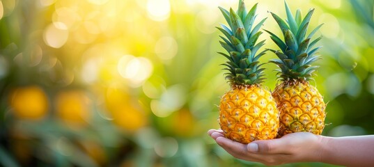 Hand holding pineapple slice with pineapple selection on blurred background, copy space available