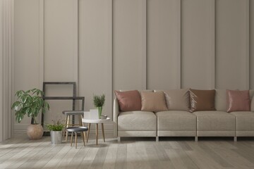 Loft living room concept with sofa and concrete decorated wall. 3D illustration