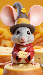 Cartoon cute mouse in the cheese kingdom. The rat prince rodent in unusual clothes holds a large piece of yellow cheese