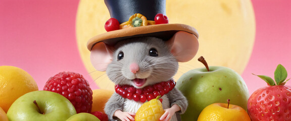 Cartoon cute mouse in the fruit kingdom. Rat prince rodent in unusual clothes in bright fruits.