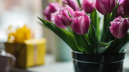 Fototapeta premium Potted Pink Tulips and Yellow Gift Box on Window Sill 