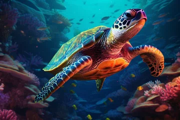 Poster a sea turtle swimming in the water © Ion