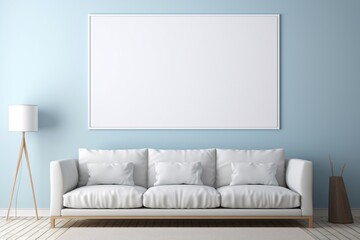 a white couch with pillows and a lamp on a blue wall