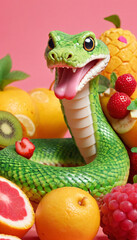 Cartoon cute snake reptile in the fruit kingdom. Bright python prince of exotic fruits.