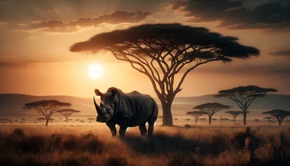 Ingelijste posters A solitary rhino stands against the backdrop of a stunning African savannah bathed in the warm glow of a setting sun. © Pawin