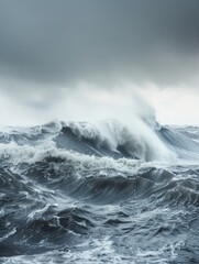 The dramatic dance of turbulent ocean waves captured under the dark, brooding canvas of a stormy sky.