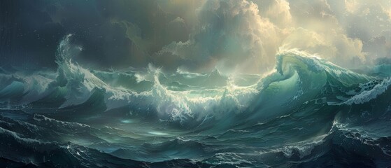 Captivating view of dark, churning waves under a tumultuous sky, conveying the ocean's immense power.