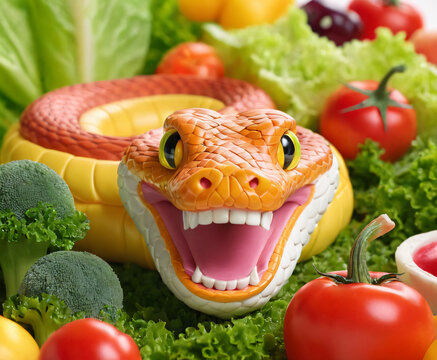 Cartoon cute snake reptile in vegetable kingdom. Bright python prince in the world of vegetables cabbage, carrots and tomatoes.