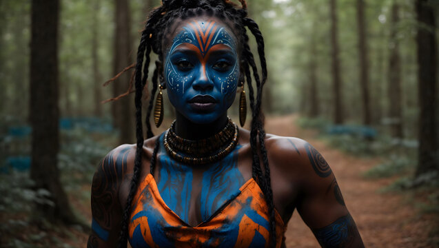 Artistic Woman with Body Paint in Enchanted Forest. Blue and orange body paint stands amidst a tranquil forest setting, exuding a mystical and serene vibe.
