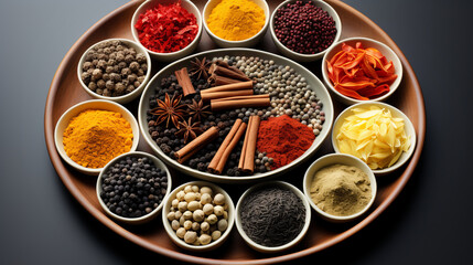 Spices and Flavors of the World: Various exotic and aromatic spices in small bowls on a round tray.
