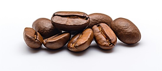 A close-up shot of a pile of dark brown coffee beans stacked on top of each other against a white background. The freshly roasted beans are filled with caffeine, an essential ingredient in coffee.