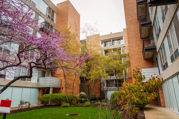 Low angle view of a modern apartment building with a small communal garden on a cloudy spring day