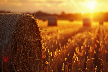 Straw bales field at golden sunset - obrazy, fototapety, plakaty