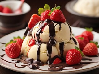 Creamy vanilla ice cream with strawberry pieces on top - 768140942