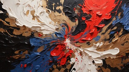 splashes of paint red blue white and silver decorating a black canvas - 768140965
