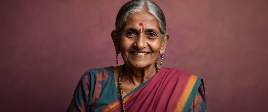 Portrait of a cheerful elderly Indian woman in traditional attire with a bright, warm smile against a purple background. - Powered by Adobe