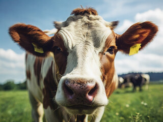 dairy cow grazing in a meadow closeup - 768141164