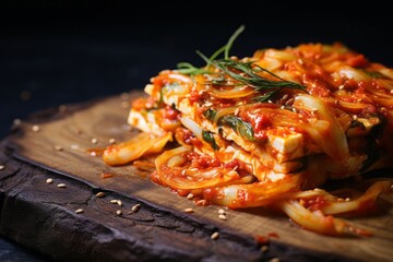 Tempting kimchi on a marble slab against a rustic wood background