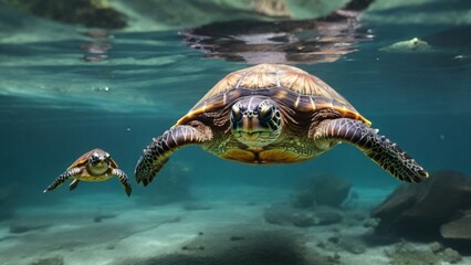 large and a small turtle swims underwater - 768141187