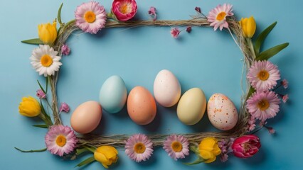 Bright Easter frame, flowers and eggs, top view of colorful pastel colors