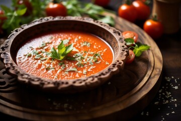 Tempting gazpacho on a porcelain platter against a rustic wood background