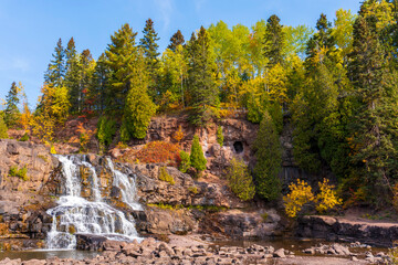 Waterfall and pine trees