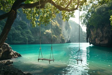 a swing from a tree over a body of water