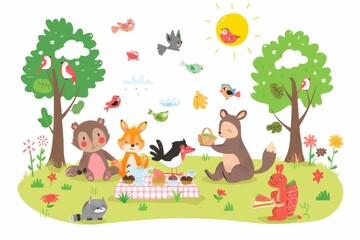 An assortment of sweet animals enjoying a picnic under a sunny sky. Illustration On a clear white background 
