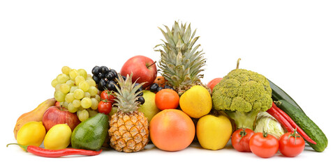 Composition of fresh and healthy vegetables and fruits isolated on white